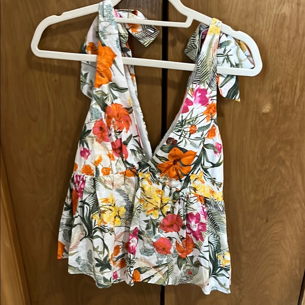Tropical Floral Tank Top with Shoulder Ties - NWT